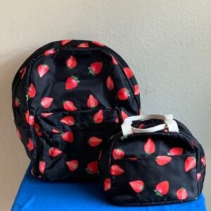 Strawberry Print Kids Backpack and Lunch Bag Set - Black